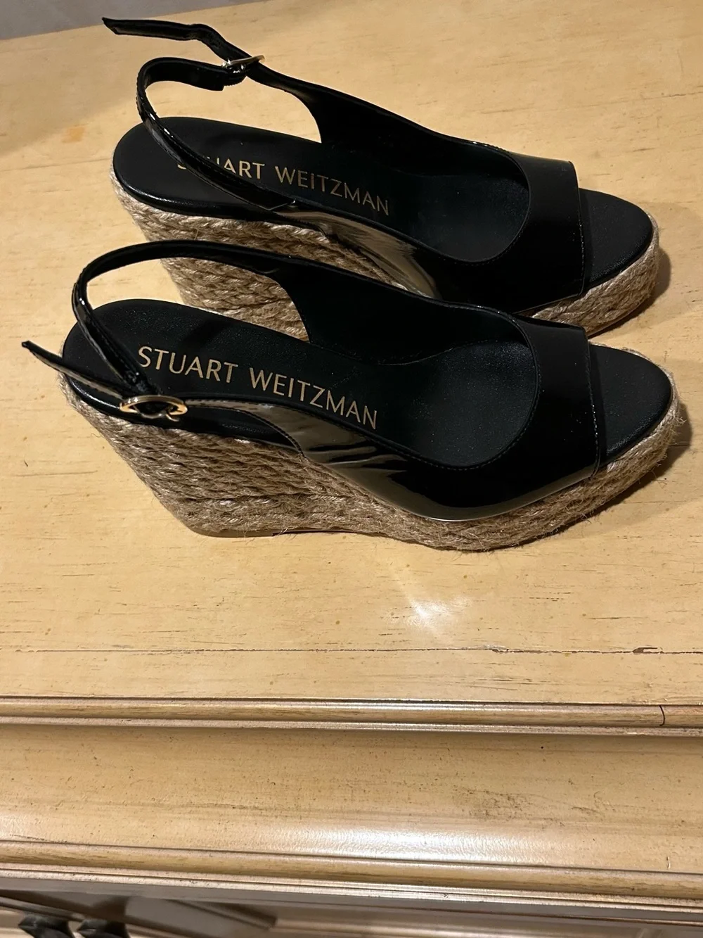 Stuart Weitzman black patent sling back espadrille wedge in size 6.5